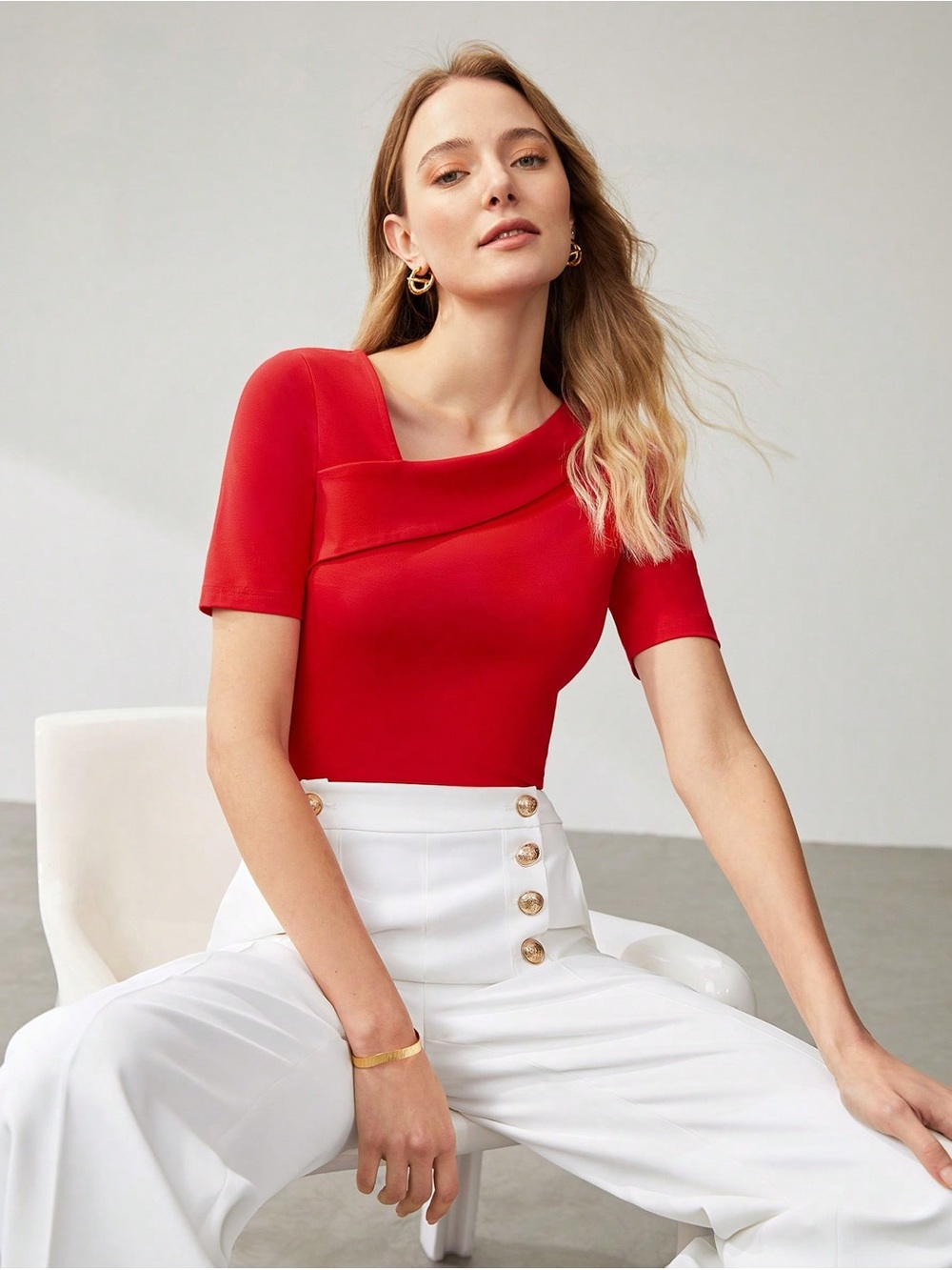 MOTF Red Short Sleeve Asymmetric Neck Top Small